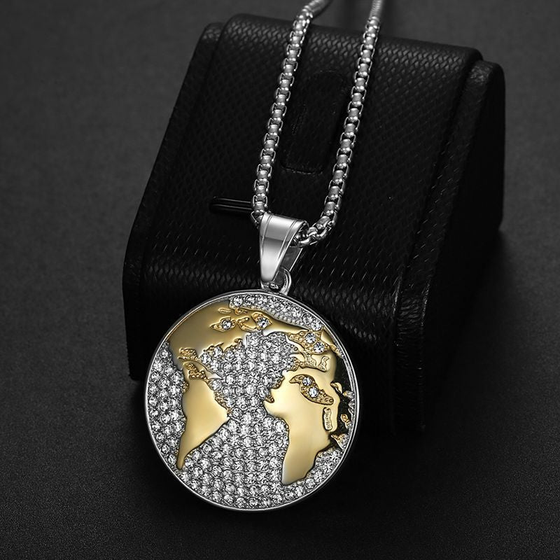 Planderful Hip Hop World Map Necklace For Urban Fashion Fans Stainless Steel Gold Plated Rhinestone Pendant