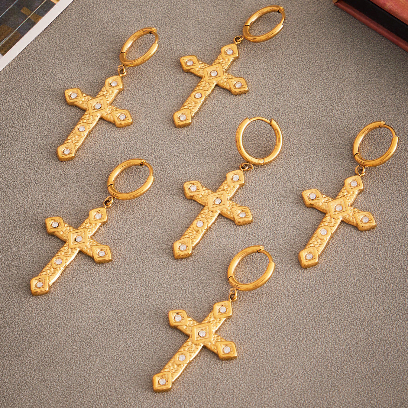 Planderful 18K Gold Texture Cross Zircon Earrings For Women
