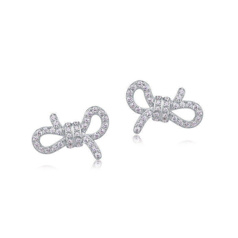 S925 Sterling Silver Zircon Bow Stud Earrings