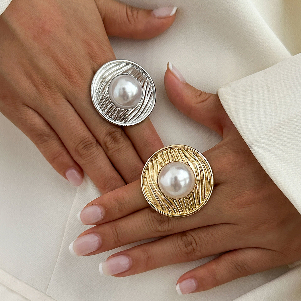 Planderful Vienna Verve Imitation Pearl Ring Open Wind Fold Metal Ring For Trendy Women And Gift Seekers