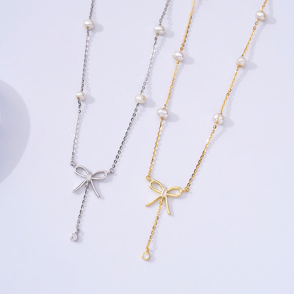 New Versatile Temperament Pearl Bow Necklace 925 Silver Jewelry