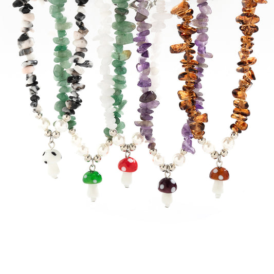 Colorful Irregular Gravel Clavicle Necklace with Dainty Mushroom Pendant