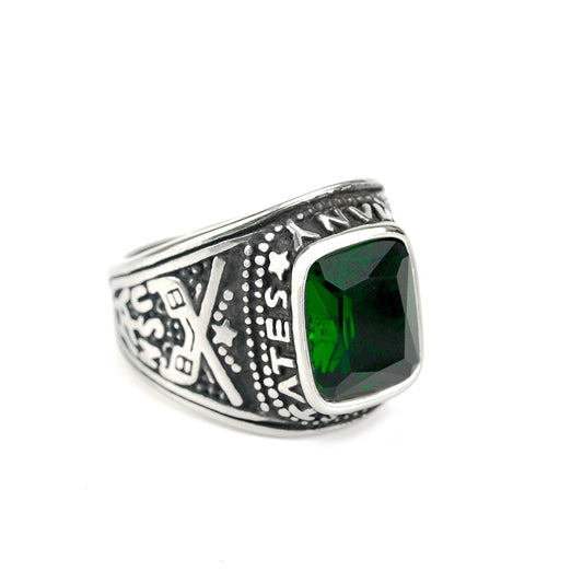 European And American Retro Jewelry Stainless Steel Ring Men's Hip-Hop Style Green Stone Personality Ring