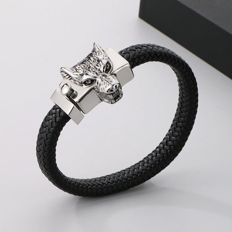 Planderful Mens Leather Wolf Head Bracelet Punk Style