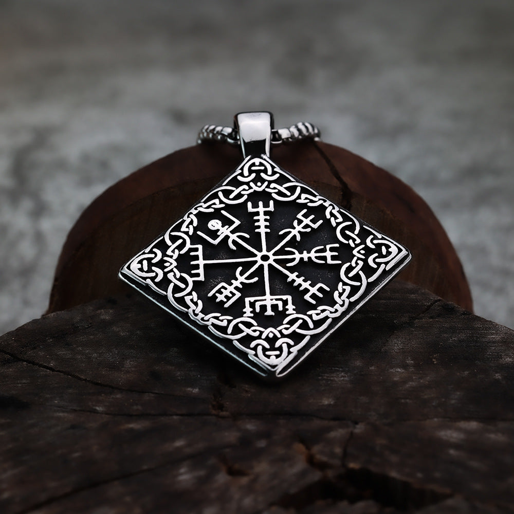 Viking Compass Rune Square Titanium Steel Pendant Necklace