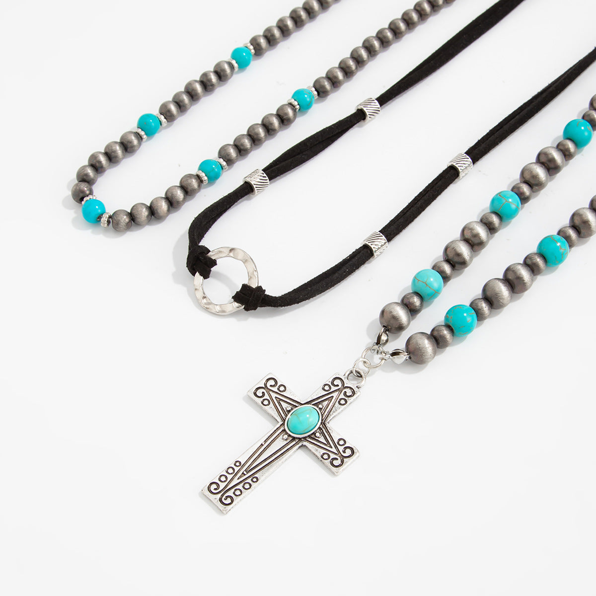 Retro Imitation Turquoise Stacked Western Denim National Cactus Cow Head Pendant Neck Necklace