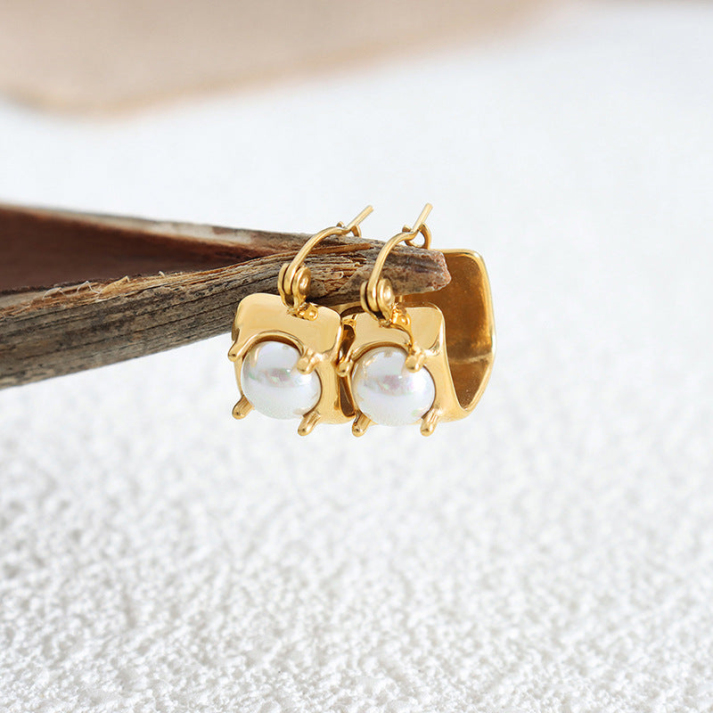 Luxe French Pearl U-Shaped Earrings and Square Ring Studs Set for Women