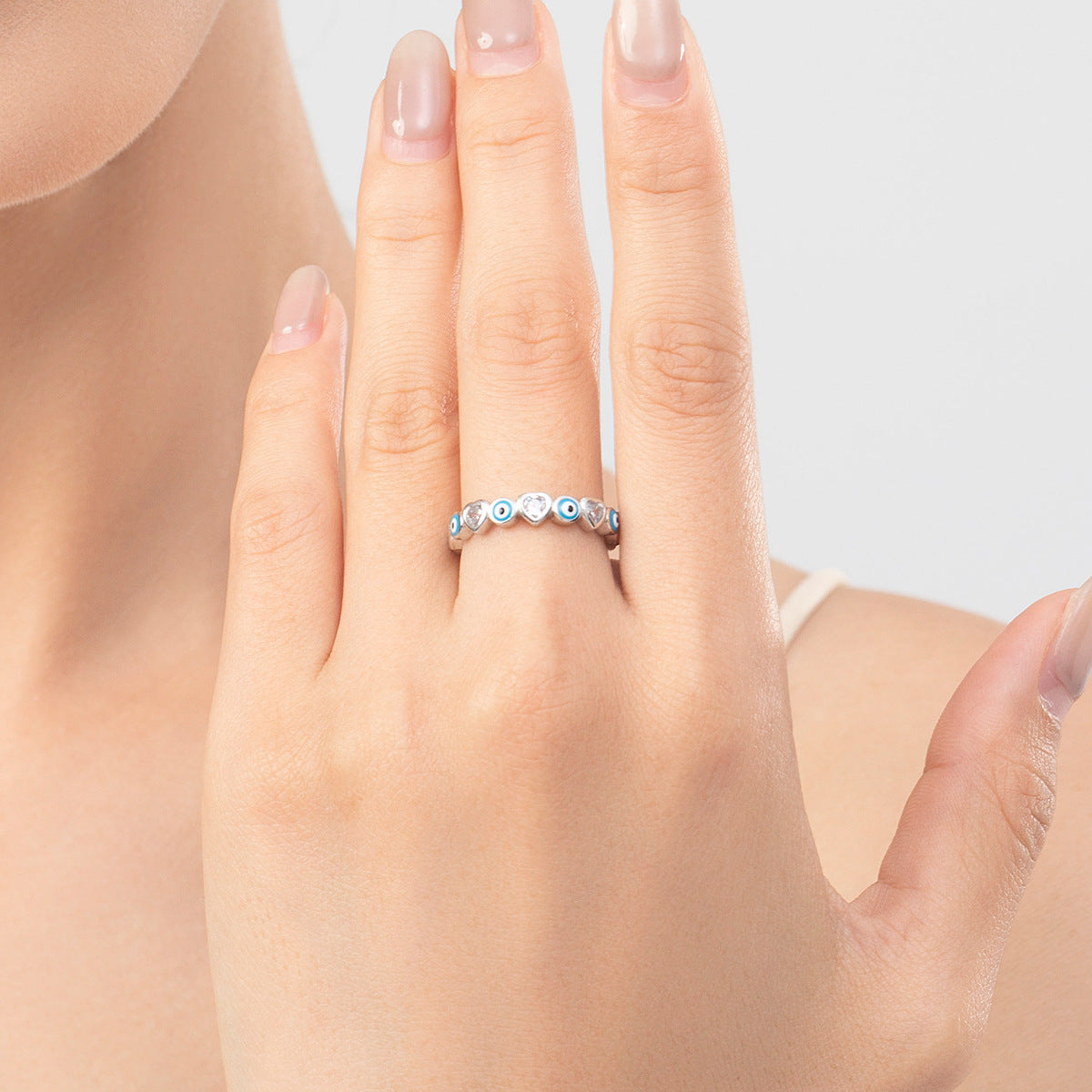 S925 Sterling Silver Blue Eye Heart Ring with Zircon Stacked Wind Detail