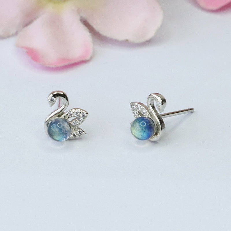 Gray Moonstone Swan 925 Silver Stud Earrings