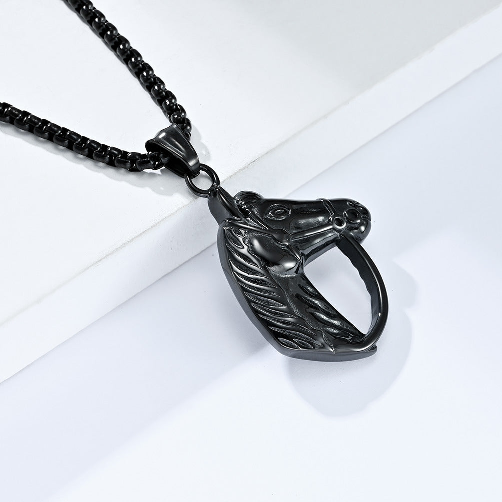 Planderful Mens Horse Head Necklace Personalized Retro Titanium Steel Pendant For Horse Racing Fans