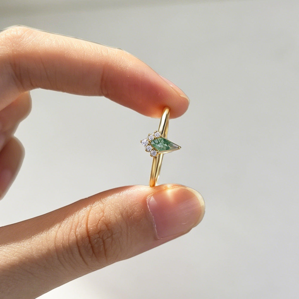 Natural Aquatic Plant Agate Ring S925 Pure Silver Geometric Green Moss Stone Zircon