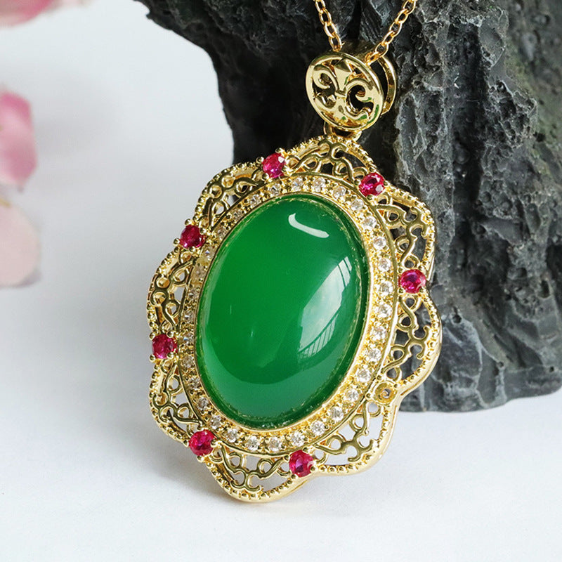 Green Chalcedony Zircon Flower Pendant with Oval Emperor Design