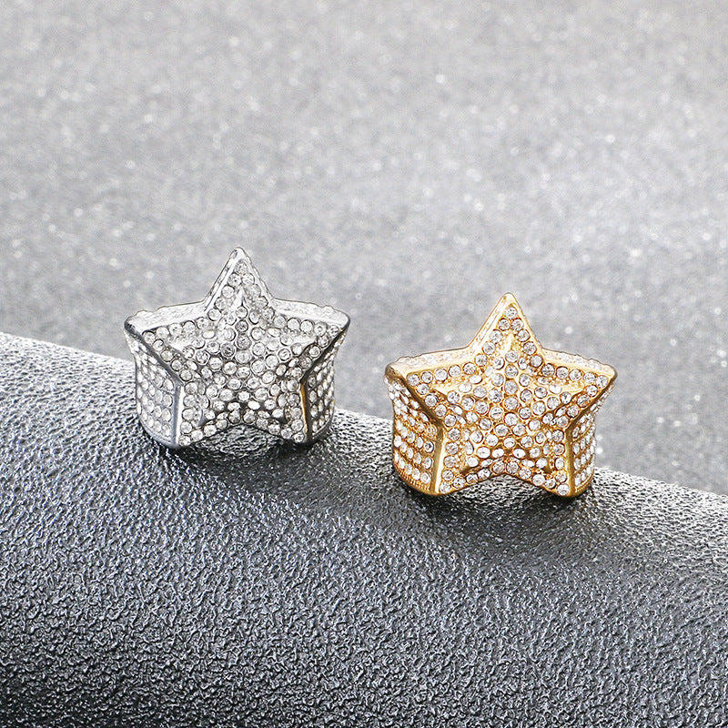 Luxury Zircon Star Ring, Hip-Hop Rock Full Of Zircon Three-Dimensional Five-Pointed Star Stainless