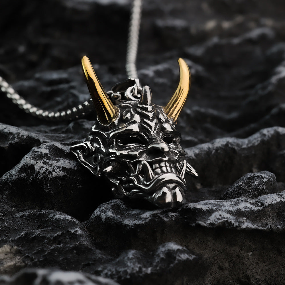 European And American Retro Stainless Steel Men's Pendant Personalized Japanese Prajna Mask Necklace