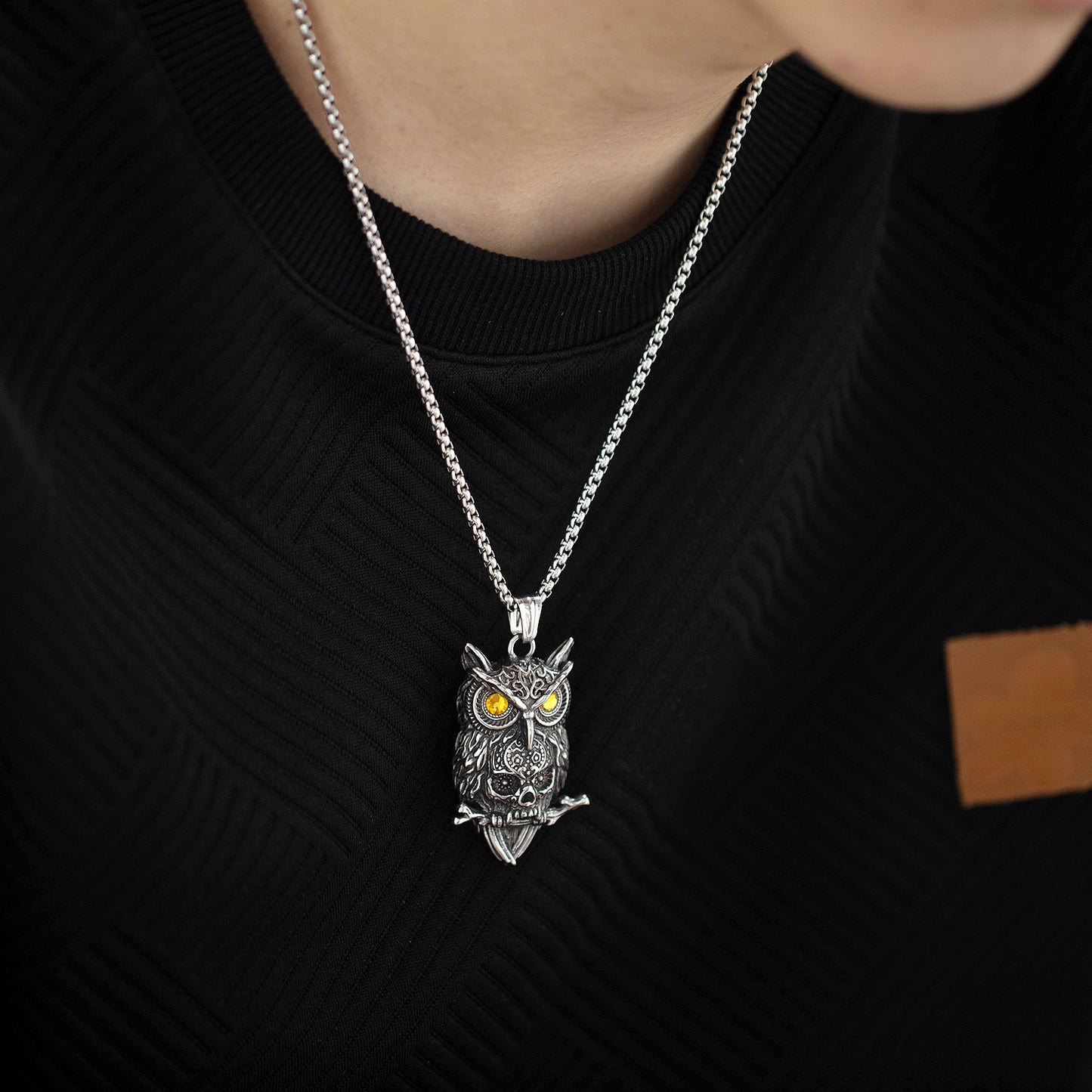 Planderful Owl Skull Pendant Necklace Retro Punk Stainless Steel Statement Jewelry For Goth Fashion