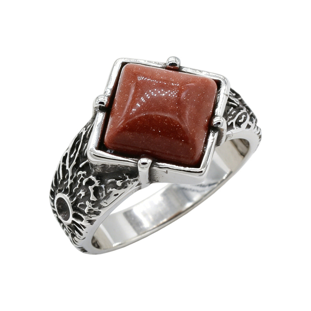 Planderful Stone Inlaid Stainless Steel Ring Unisex Retro