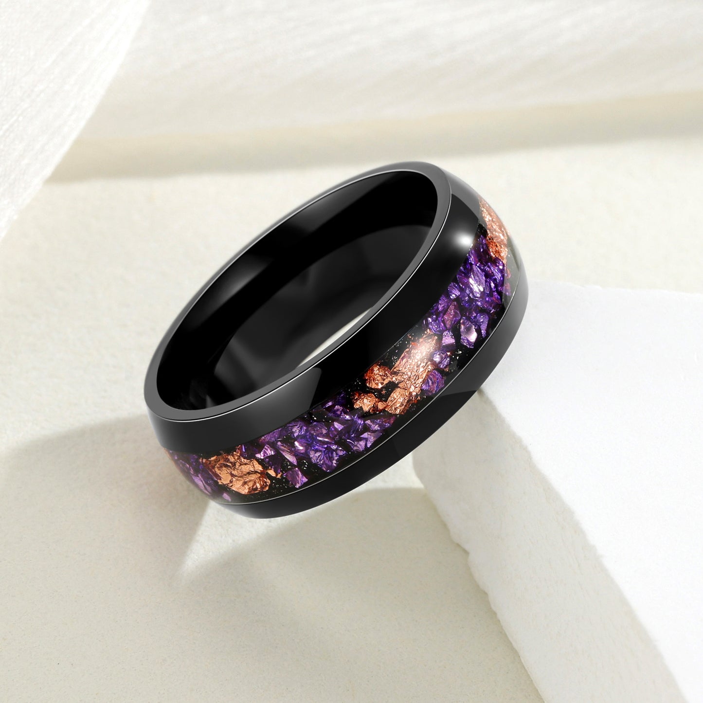 Planderful Mens Amethyst Inlaid Black Titanium Steel Ring