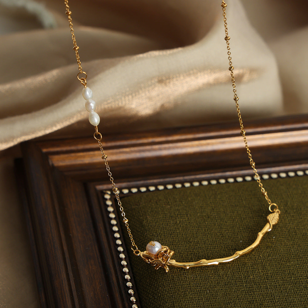 Elegant Titanium Steel Rose Pendant Necklace with Freshwater Pearl - Fashionable Jewelry from Planderful Collection