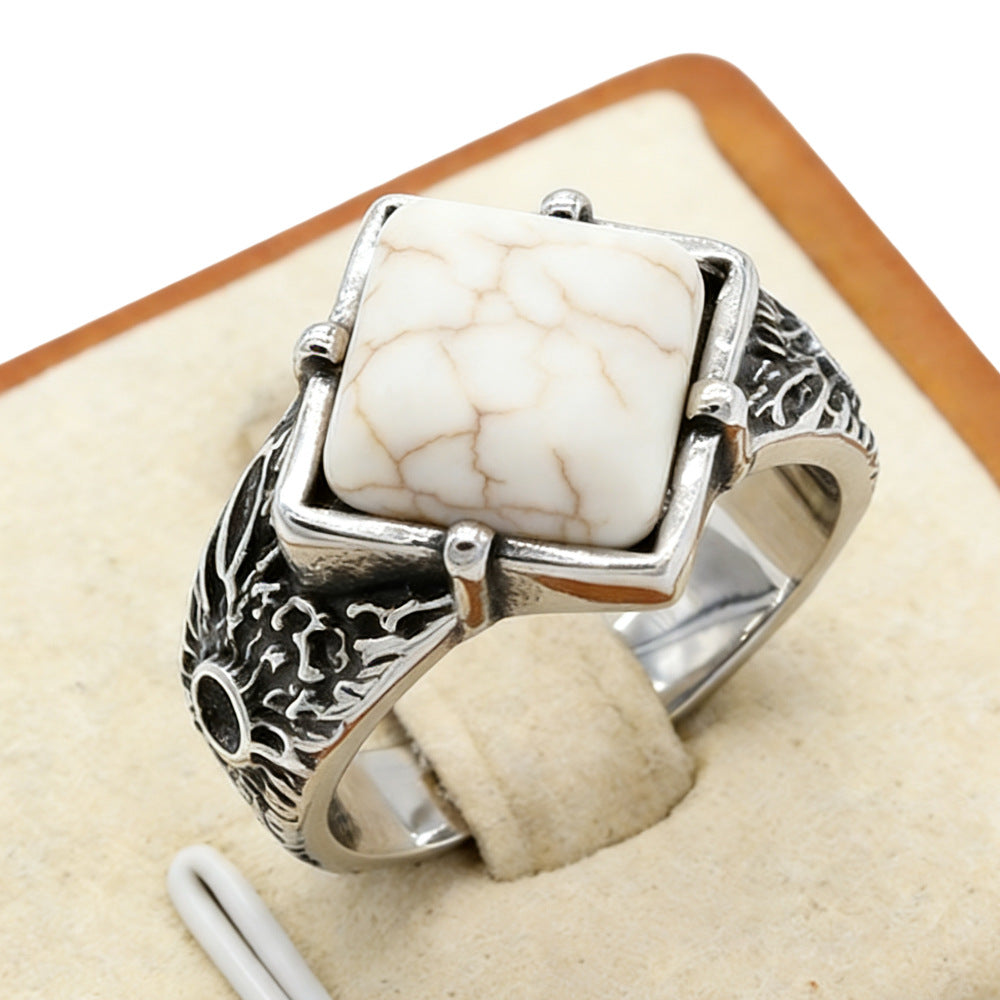 Planderful Stone Inlaid Stainless Steel Ring Unisex Retro