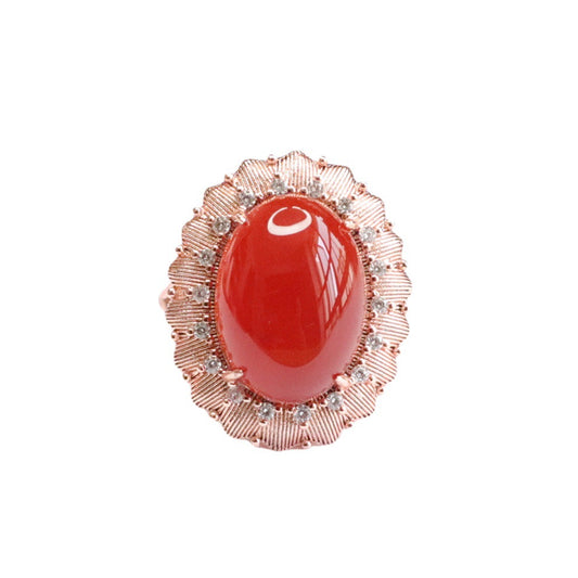 Red Agate Flower Halo Ring with Zircon Jewelry