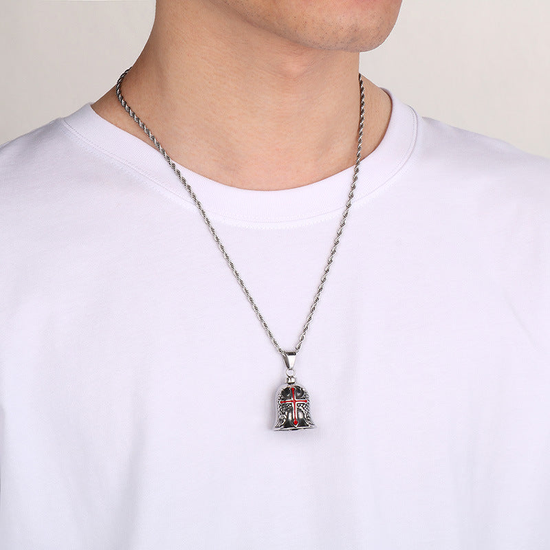 Viking Triangle Charm Locomotive Hanging Bells, Vintage Masonic Cross Angel Wings Bells Titanium Necklace