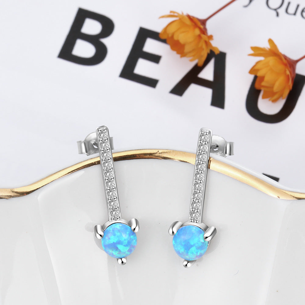 Planderful Jewelry Sterling Silver Opal Stud Earrings Blue Round Opal with Long Zircon Accent