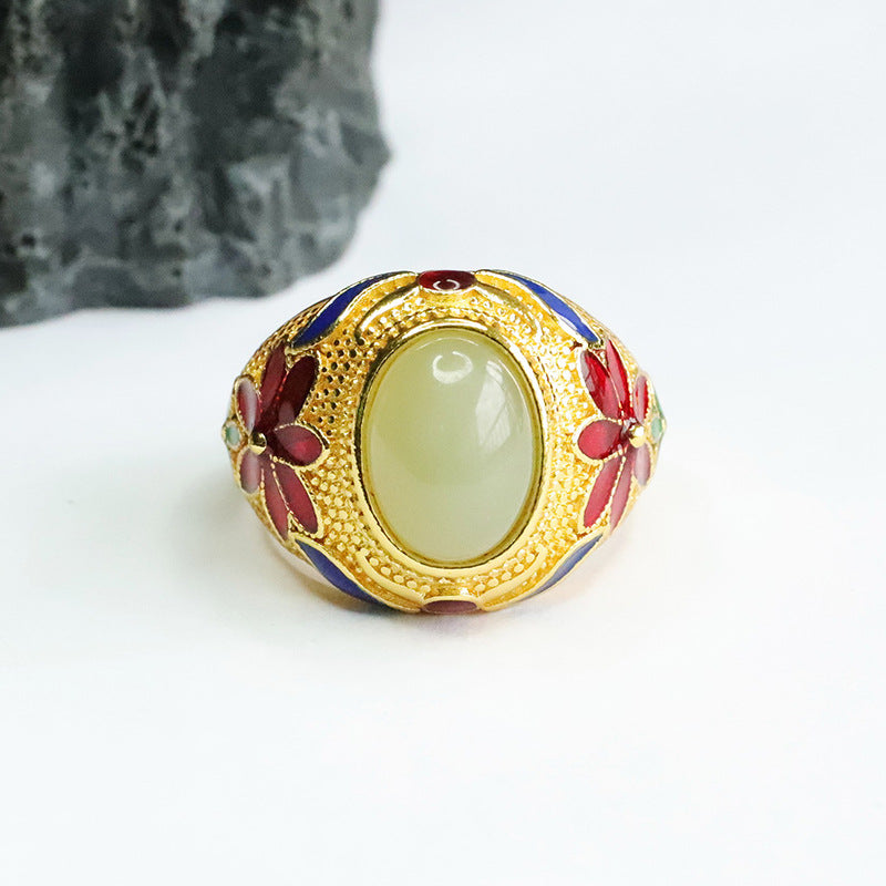 Vintage Floral Pattern Hetian Jade Ring