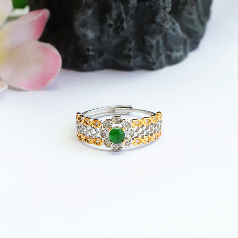 Golden Edged Sterling Silver Ring with Natural Ice Green Jade Flower