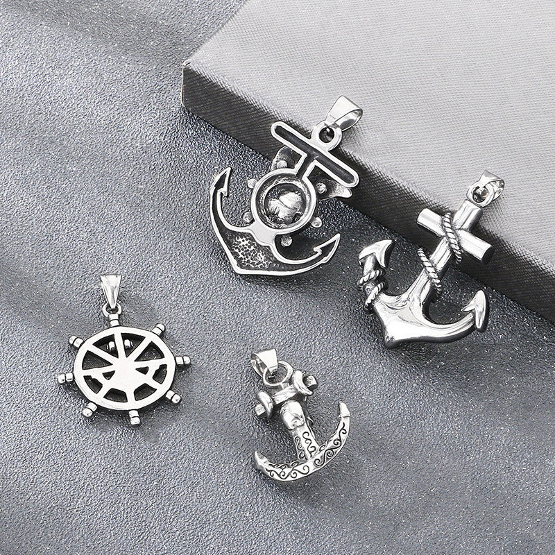 Dark Retro Nautical Rudder Pendant, Punk Retro Cross Skull Head Anchor Titanium Steel Necklace