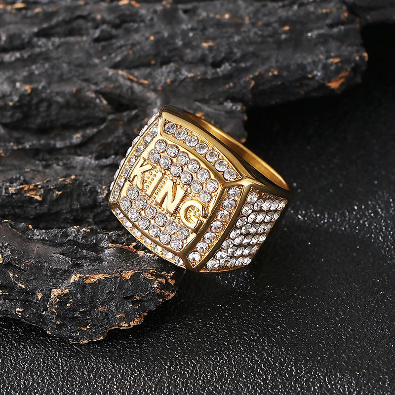 Planderful Zircon Square Ring Gold Plated Hip Hop King Men