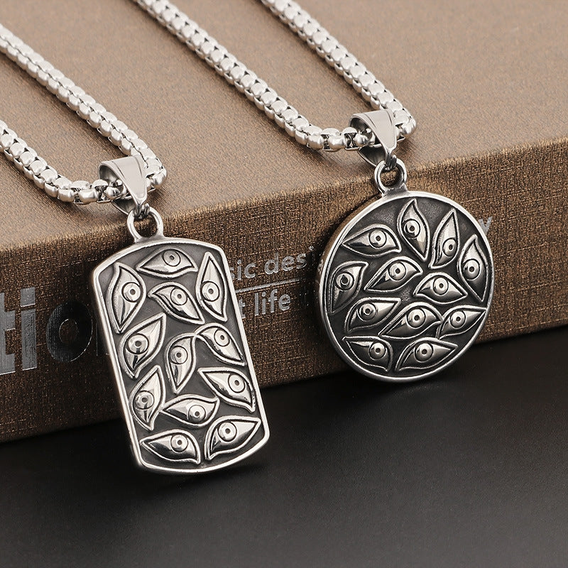 Vintage Devil's Eye Square Pendant, Bold Punk-Inspired Stainless Steel Accessory for Men