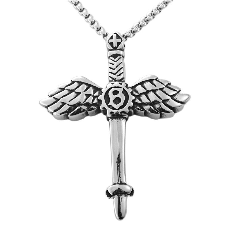 Titanium Steel Winged Sword Cross Pendant Necklace for Men - Retro Punk Style