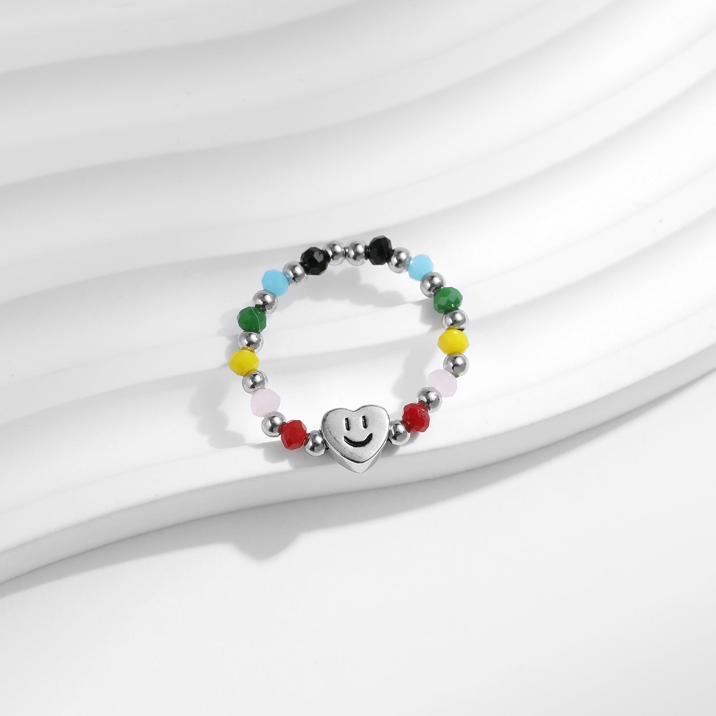 Adjustable S925 Sterling Silver Ring with Sweet Heart and Smile Face Beads
