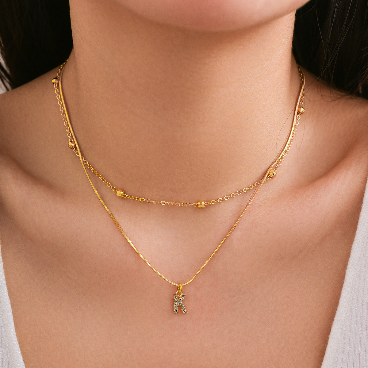 Elegant Diamond-Lined Letter Pendant Necklace with Snake Bone Chain