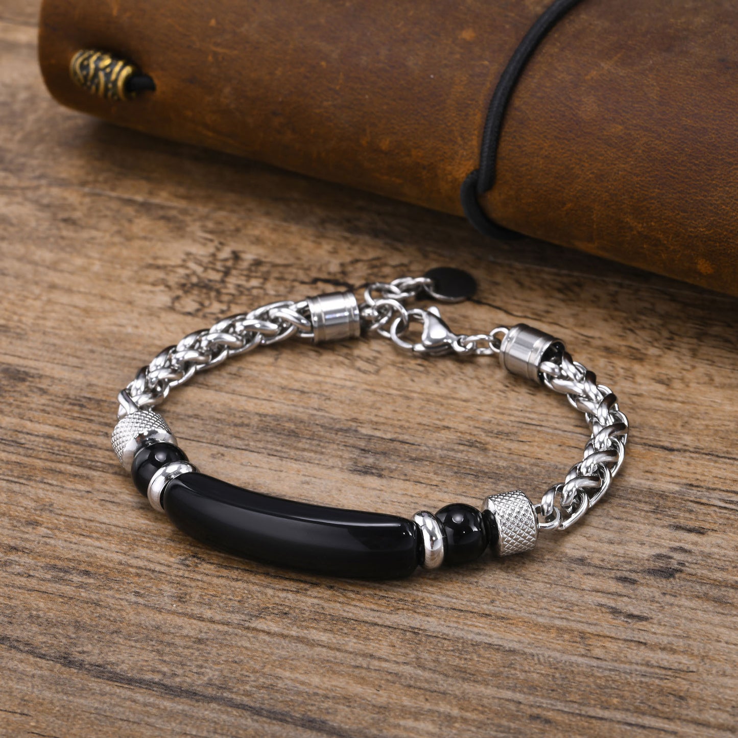 Stainless Steel Flower Basket Chain Black Agate Tiger's Eye Beaded Bracelet for Men