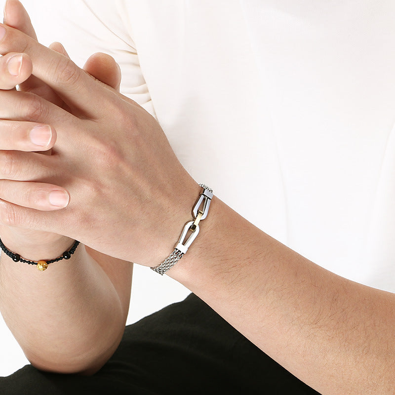 Style Hollow Woven Chain Design Horseshoe Buckle Titanium Steel Men's Bracelet