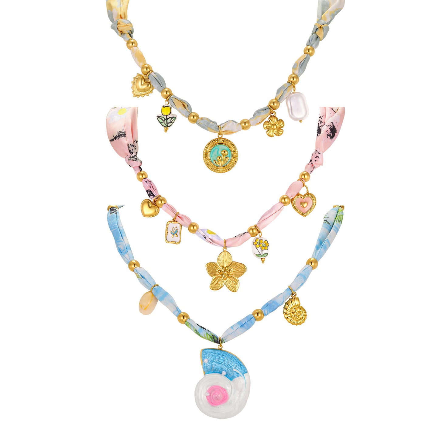 Women's Silk Scarf Necklace Stainless Steel Gold Heart-Shaped Lock Ceramic Silk Scarf
