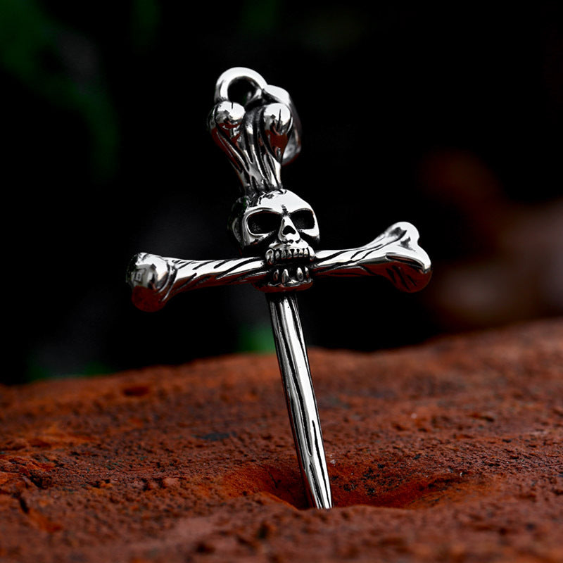 Titanium Steel Skull Bone Cross Pendant for Men - Edgy Punk Hip Hop Accessory
