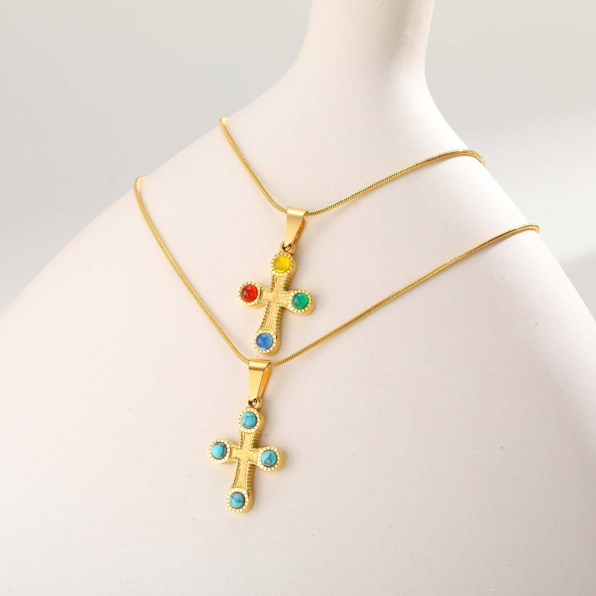 Gemstone Cross Pendant Necklace — Two Designs