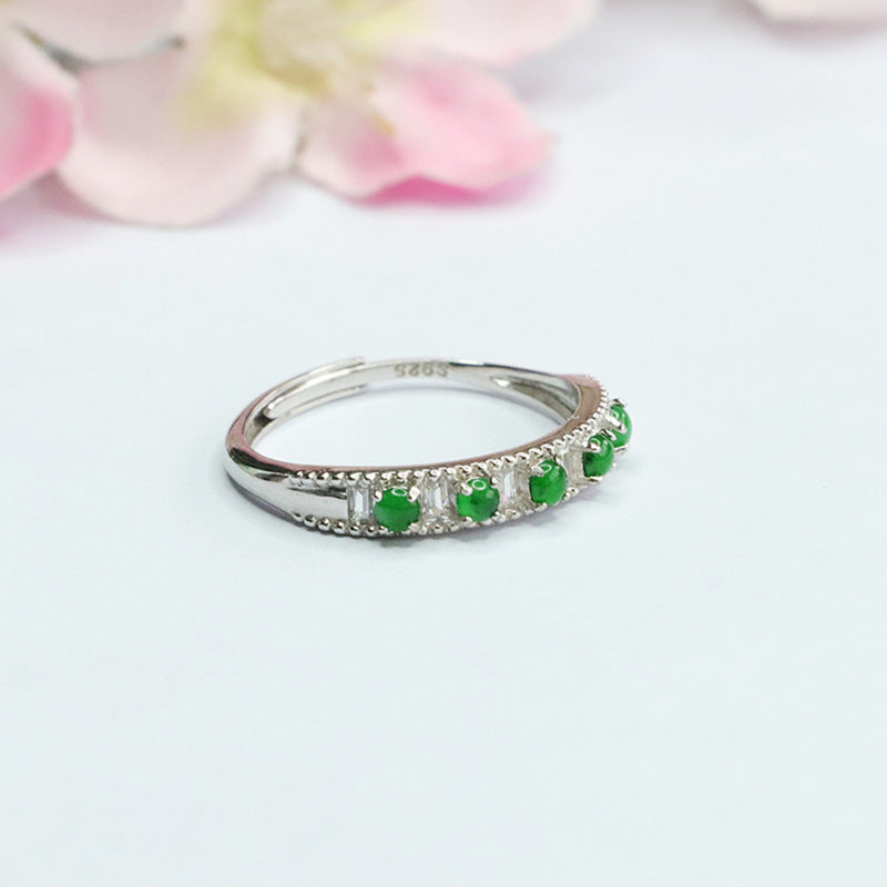 Sterling Silver Adjustable Emperor Green Jade Ring with Row of Five Ice Jade Stones