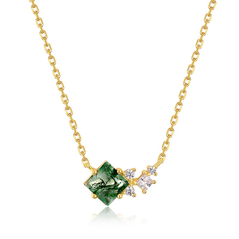 S925 Sterling Silver Gold-Plated Moss Agate Geometric Necklace