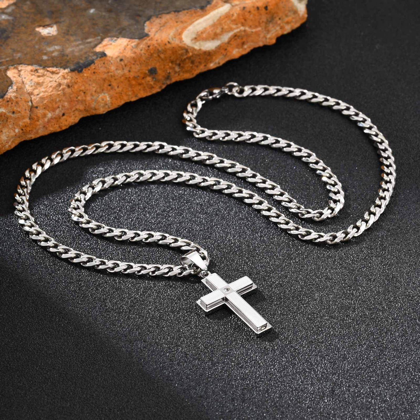 Planderful Stainless Steel Cross Pendant For Men Rhinestone