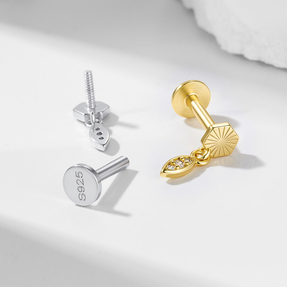 S925 Sterling Silver Flat Bottom Thread Piercing Earbone Nails, Geometric Zircon Earrings In