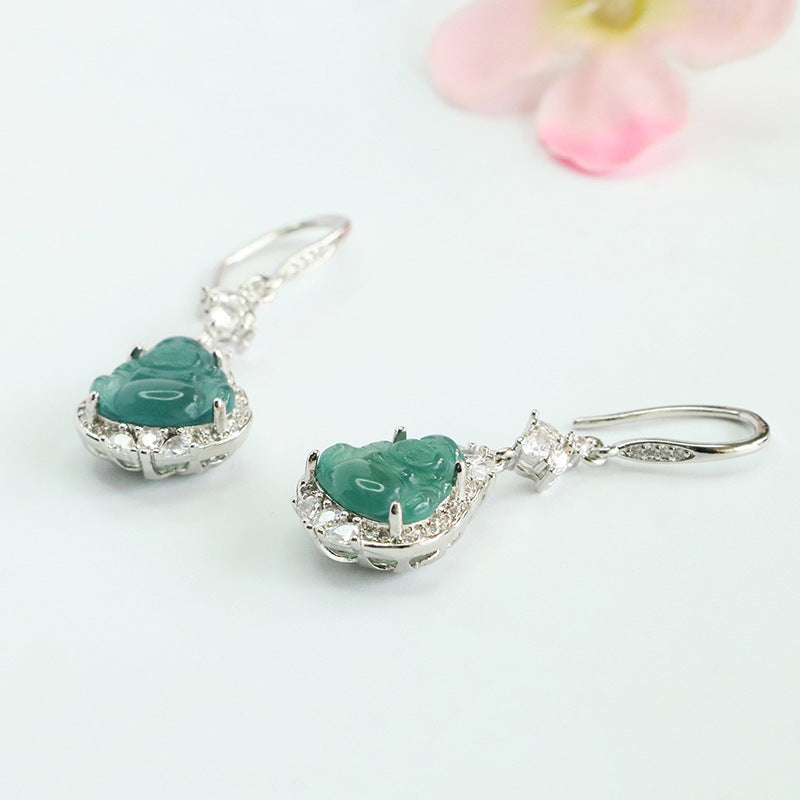 Blue-Water Jadeite Buddha Zircon Halo Earrings