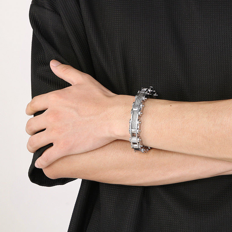 Trendy Steel Wire Bracelet for Men - Rock Fashion Vacuum Electroplated Bicycle Chain Design