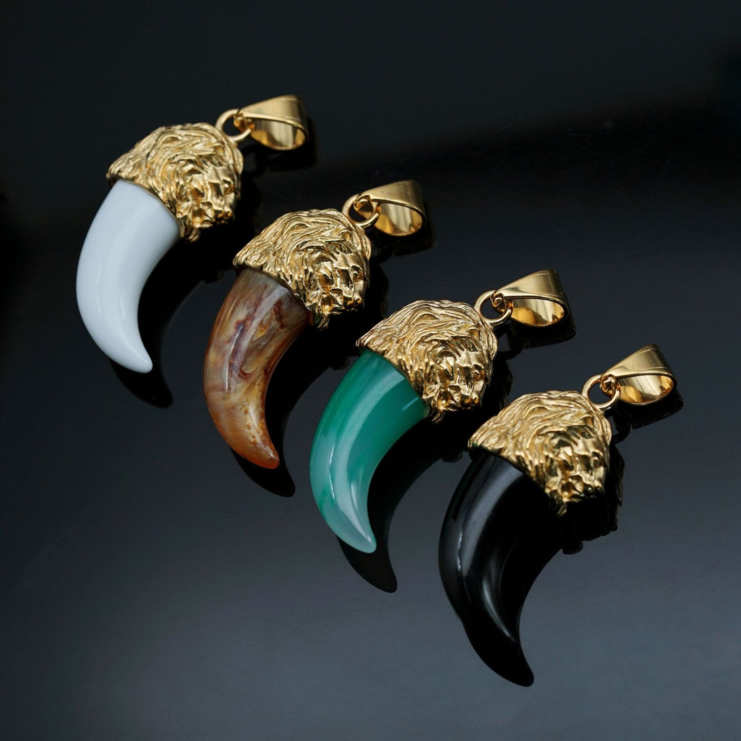 Planderful Lion Head Pendant Titanium Steel Gold Plated Wolf Fang Resin Unisex Hip Hop Statement Jewelry