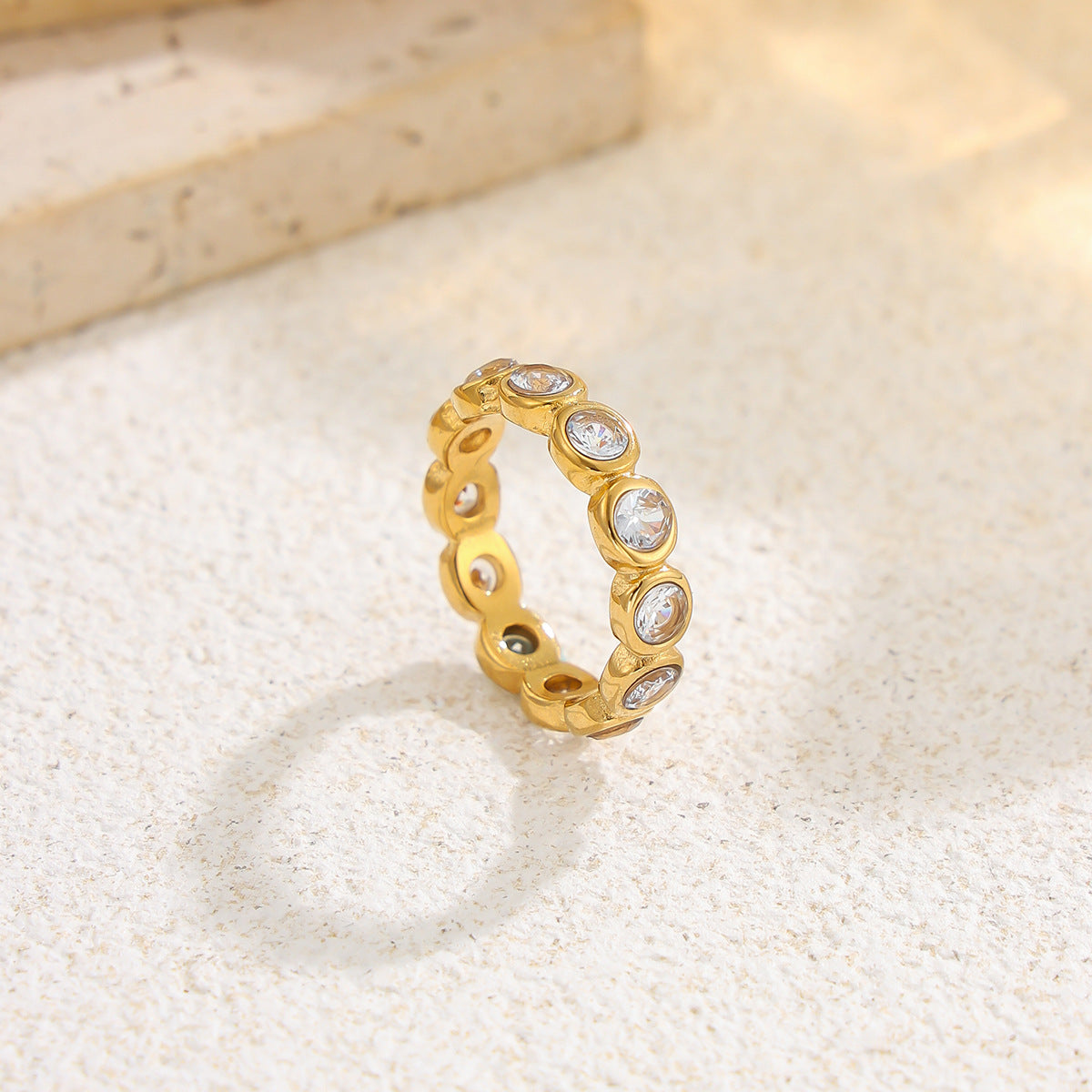 Planderful Zircon Ring For Women Geometric Round Inlay Stainless Steel Statement