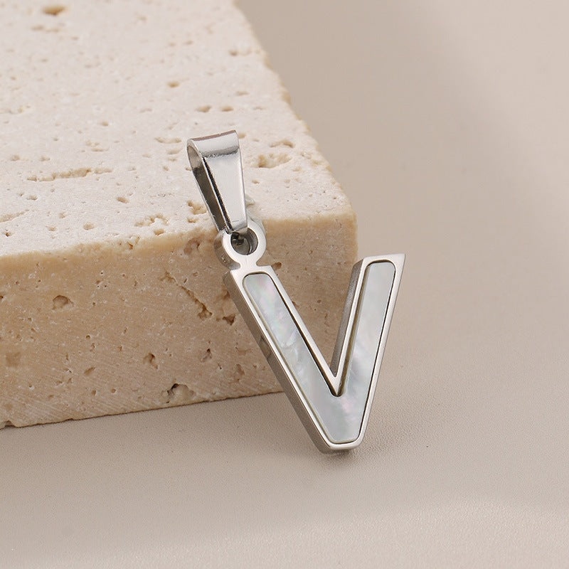Women's'S Titanium Steel 26-Letter Pendant, White Fritillary Inlaid Stainless Steel Necklace