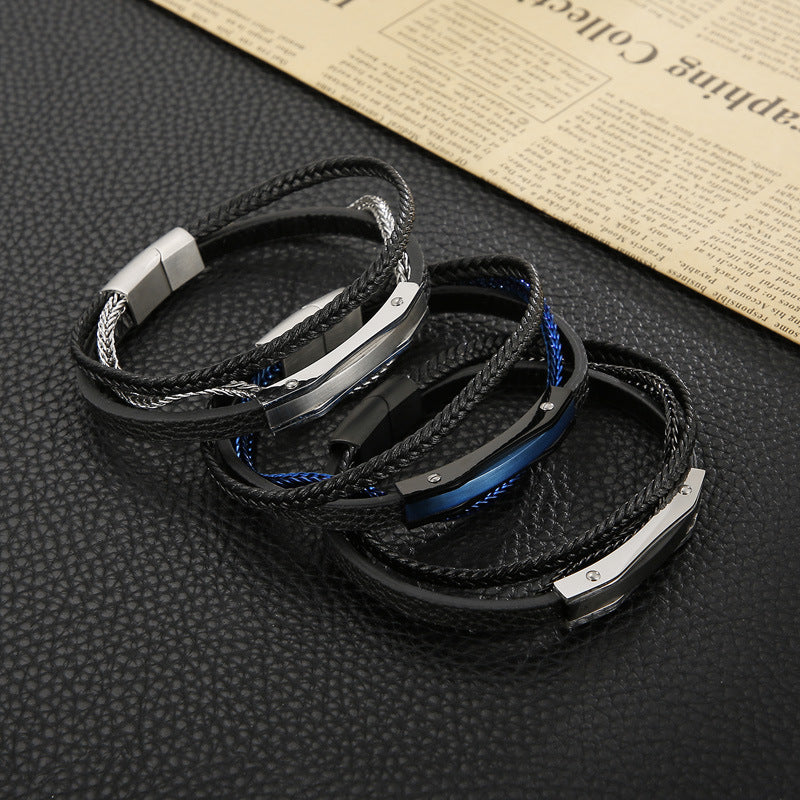 Planderful Mens Leather Bracelet MultiLayer Magnetic Buckle