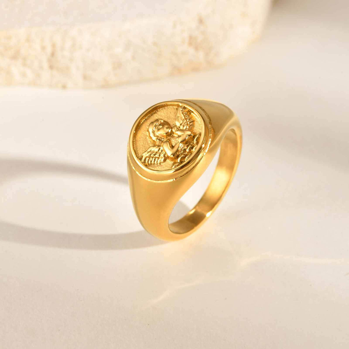 Stainless Steel Style Cupid Relief Seal Index Finger Ring Gold